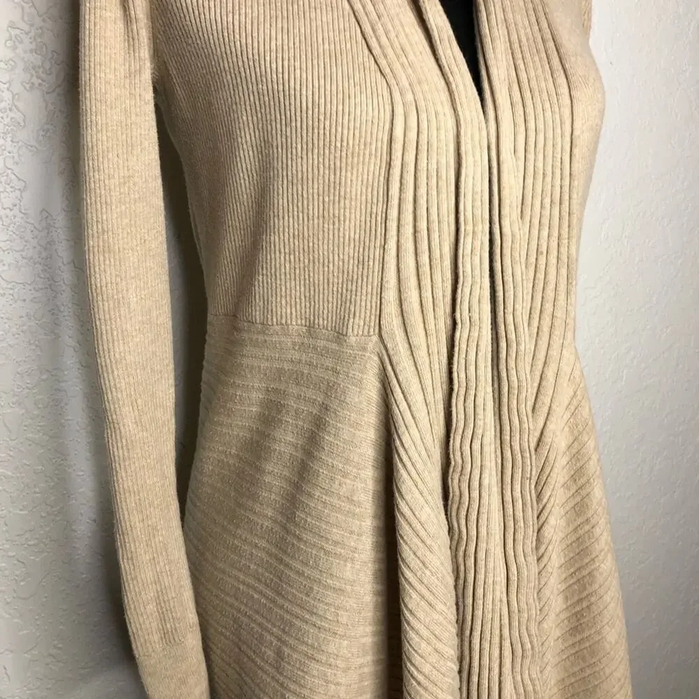 WHBM tan mixed ribbed knit open draped water fall cardigan size Medium
